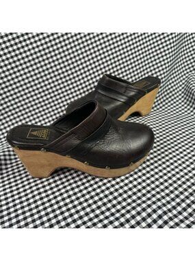 Vintage ALDO Leather Clogs Women’s Size 8 Black Brown Wood Platform Mule Slip On